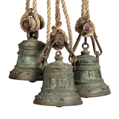 Fototapeta premium Three antique bronze hanging bells with ropes, transparent background