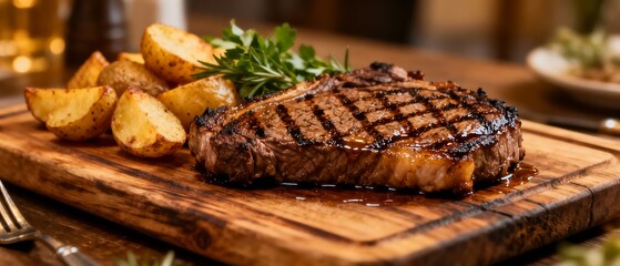 Juicy grilled ribeye steak with roasted potatoes and greens.