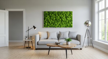 A modern living room features a textured green moss wall art above a light gray sofa a wooden coffee table with books and a potted plant and a contemporary floor lamp by a large window