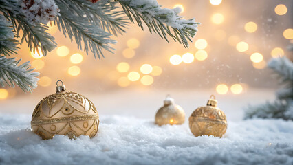 Three golden christmas ornament baubles resting in fresh white snow