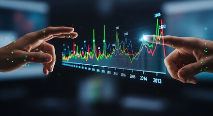 Hands Interacting with Colorful Data Graph, Futuristic Interface Displaying Financial Analytics, Business Insights, and Statistical Information on a Digital Screen