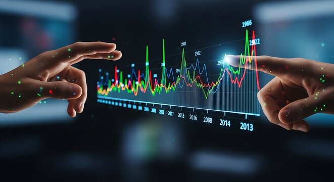 Hands Interacting with Colorful Data Graph, Futuristic Interface Displaying Financial Analytics, Business Insights, and Statistical Information on a Digital Screen