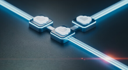 A striking visualization of interconnected cloud computing nodes, radiating with bright digital energy, symbolizing the seamless flow of data.