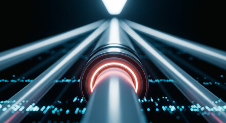 An abstract composition of interconnected futuristic elements, evoking the essence of modern technology and data flow within a sleek, illuminated structure.