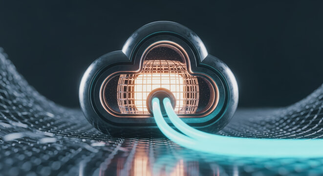 A futuristic representation of cloud computing, with a glowing data center inside a cloud-shaped device. illustrating the essence of digital transformation and technological advancement.