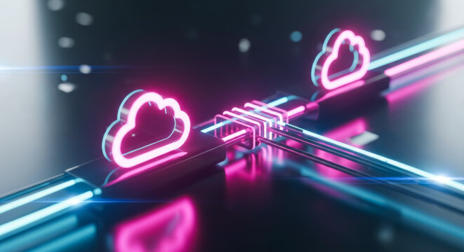 A vibrant and artistic display of cloud computing concept features glowing neon clouds, connected by digital pathways.