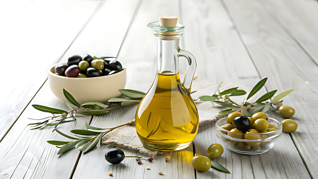 Fresh olive oil in a bottle with olives and branches on a wooden table - Powered by Adobe
