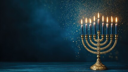 Golden menorah with nine lit candles glowing brightly on a dark blue background with sparkling bokeh, symbolizing hanukkah
