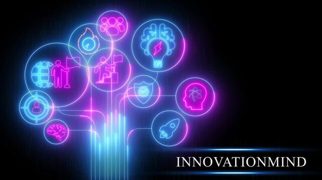 Glowing neon mind map of innovation and ideas on a dark background with the word INOVATIONMIND