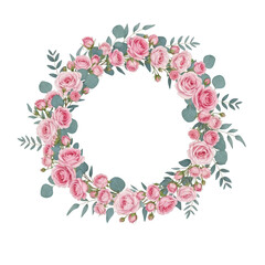 Pink rose and eucalyptus floral wreath isolated on transparent background