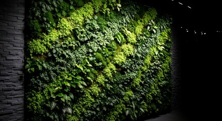 Dense vertical garden with diverse green foliage and a dark stone wall creating an organic living wall with lush textures and varying shades of green green wall plants nature interior design