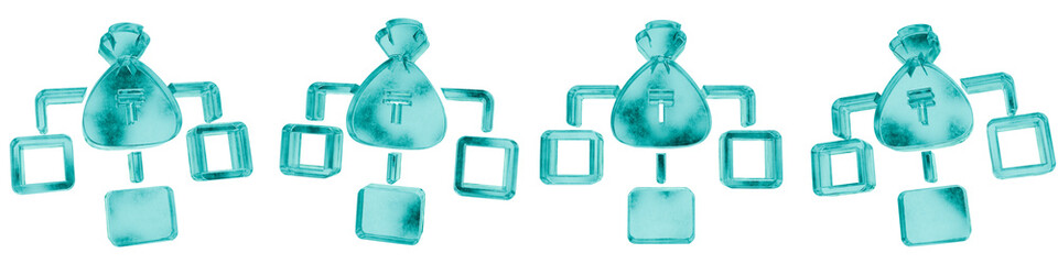 Set of four 3D kazakhstani tenge income distribution shapes in frosted blue ice glass style, isolated on a transparent background. Glassmorphism icons and 3D elements for modern graphic design.