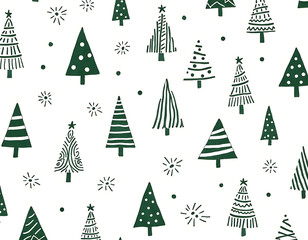 Festive seamless pattern with handdrawn green christmas trees and snowflakes isolated on white background