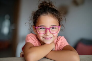 Cheerful girl with glasses smiling at the camera indoors