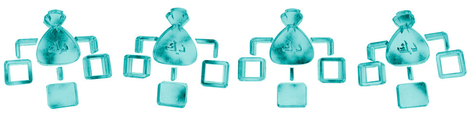 Set of four 3D kuwaiti dinar income distribution shapes in frosted blue ice glass style, isolated on a transparent background. Glassmorphism icons and 3D elements for modern graphic design.