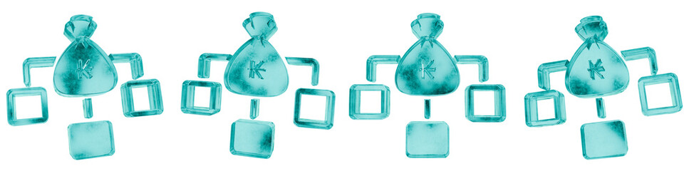 Set of four 3D laos kip income distribution shapes in frosted blue ice glass style, isolated on a transparent background. Glassmorphism icons and 3D elements for modern graphic design.