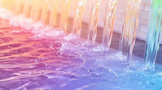 Rainbow Beam Refraction Rays Rainbow beams created by light refraction in a water fountain, with droplets creating a prism effect.