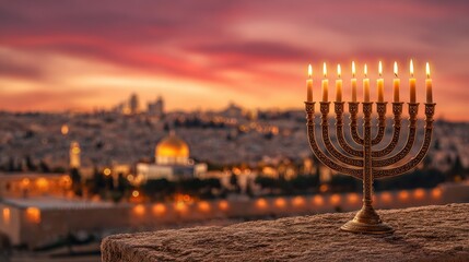 Obraz premium Menorah with lit candles overlooking jerusalem and the dome of the rock at sunset, a powerful symbol of hanukkah