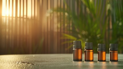 Spa Calming Aromatherapy Wellness A variety of essential oil bottles arranged on a spa table, natural remedies, wellness concept, soft focus.