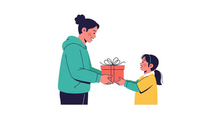 Cheerful mom giving birthday gift to her daughter with love and care, a heartwarming moment of family bonding and celebration on white background