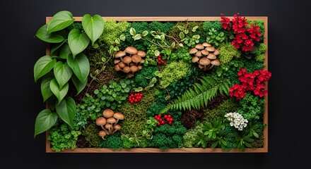 A wooden frame displays a vibrant densely packed natural scene featuring clusters of brown mushrooms lush green mosses delicate ferns small red berries and bright red and white flowers