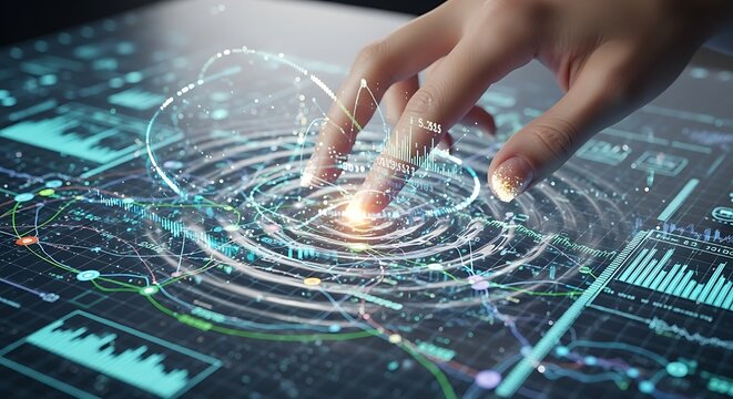 Human Touch Interacting with Digital Information: Abstract Network Interface with Data Visualization and Technological Elements for Future Interface.