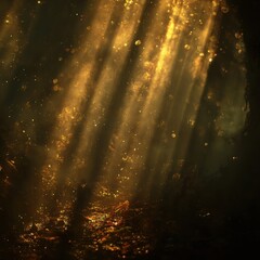 Naklejka premium Golden light rays pierce through a dark, dusty atmosphere, creating a mystical and ethereal glow with sparkling particles