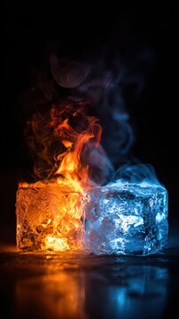 Dynamic contrast of fire and ice a burning orange cube and a frozen blue cube side by side, emitting smoke