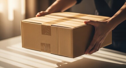 Hands carefully holding a brown corrugated cardboard delivery box