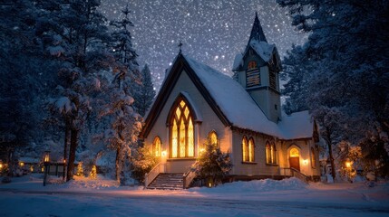 Enchanting church glowing warmly in a serene, snowcovered forest under a brilliant starry night sky, evoking winter