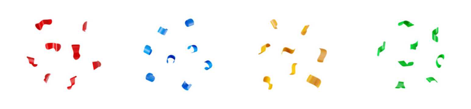 Group of 3d rendering colorful shiny confetti pieces isolated on white background. Abstract festive element for party, celebration, event. Vector illustration