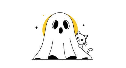 Adorable Halloween ghost with cute kitten friend ready for spooky season fun, perfect for greeting cards, invitations and social media posts!