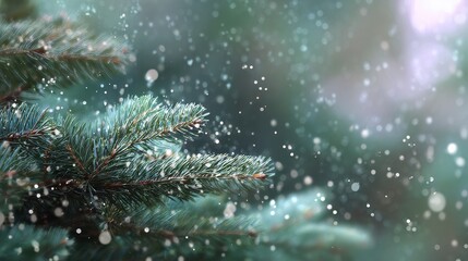 Detailed view of a green pine branch covered in frost and delicate snowflakes falling during a cold winter day