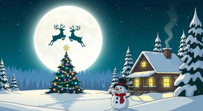 A christmas scene with a snowman, cabin, christmas tree, and reindeer in front of a full moon - Powered by Adobe