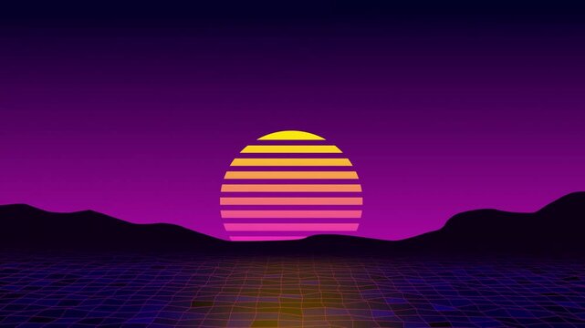 Abstract 80s synthwave background loop animation featuring a stylized neon striped sun descending over a digital water grid and palm tree silhouettes against a purple sky. Perfect retro backdrop. - Powered by Adobe