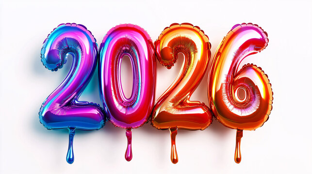 Vibrant metallic balloons forming the year 2026 shimmer with festive anticipation, perfect for New Year celebrations and milestone announcements