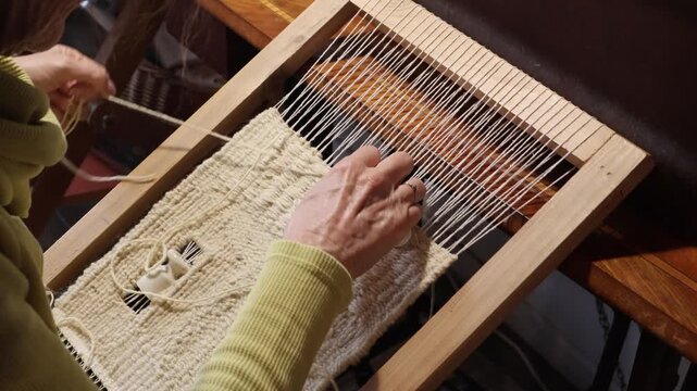 Close-up of female artisan&rsquo;s hands weaving a handmade tapestry on a loom, Small business concept. High quality 4K video