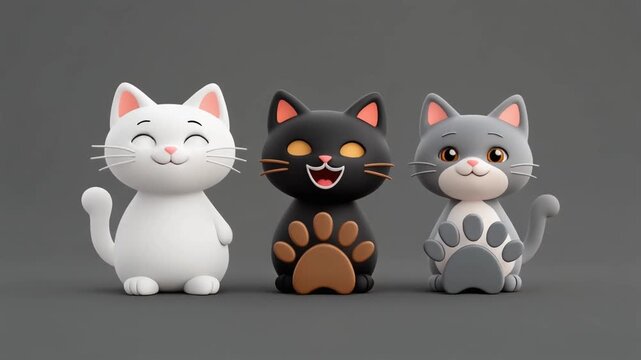 "Three cartoon cats with distinct colors and personalities posing playfully against a plain gray backdrop."