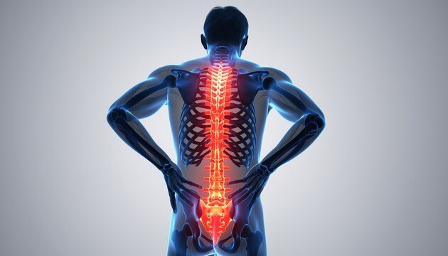 Human body with glowing red painful spine, illustrating severe back pain and discomfort, on a light background, concept for medical, health and anatomy.