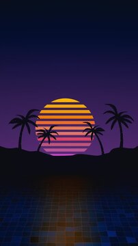 Abstract 80s synthwave background loop animation featuring a stylized neon striped sun descending over a digital water grid and palm tree silhouettes against a purple sky. Perfect retro backdrop.