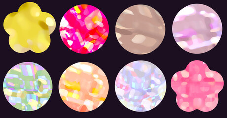 Colorful Shiny Abstract Objects in circle and floral shape Set on black background.  Ideal for stickers, badges, buttons, candy, jewels, game assets, UI elements, or abstract backgrounds