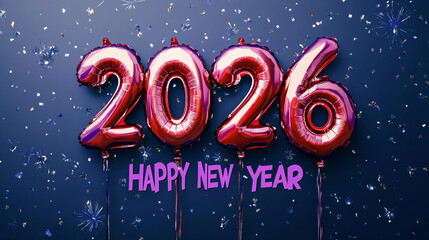 Celebrate a stunning New Year 2026 with vibrant balloons and confetti, perfect for festive greetings and joyful celebrations worldwide