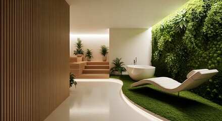 Modern spa interior with a free standing bathtub and chaise lounge on a moss carpet beside a lush vertical green wall and wood paneling vertical garden relaxation wellness nature contemporary