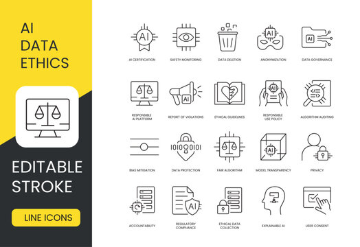 A set of vector icons representing key concepts of AI data ethics, including privacy, transparency, fairness, and responsible AI usage, created in line style with editable stroke