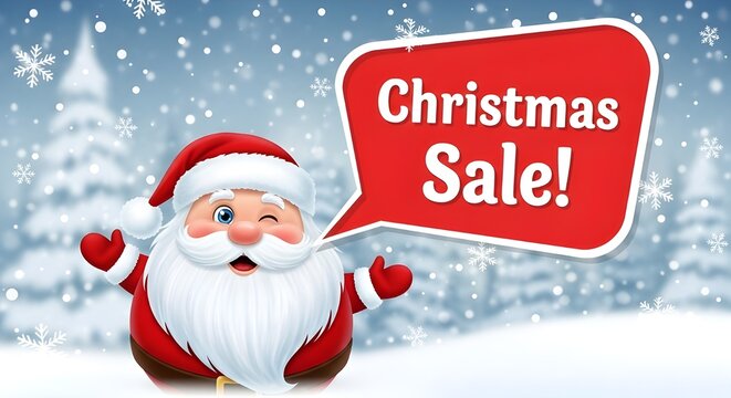Cute winking Santa Claus illustration holding a red speech bubble with "Christmas Sale!" text on a snowy background. - Powered by Adobe