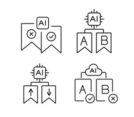 A set of vector icons representing AI-driven A B testing and decision-making tools for performance optimization, created in line style with editable stroke