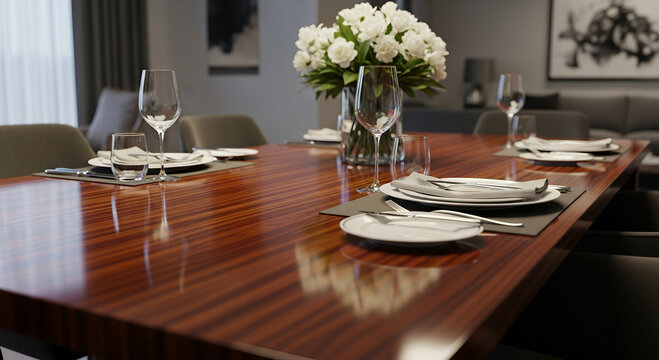 Elegant wedding table setting with dining plates, flower decoration, glasses, and chairs in an empty restaurant room interior