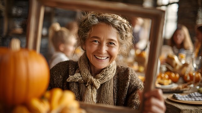 A happy mature woman smiles brightly while holding up an empty picture frame at a festive family Thanksgiving gathe inside a cozy home.