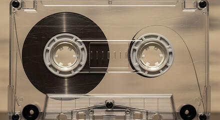 Isolated old vintage analog magnetic audio cassette tape for recording music and sound