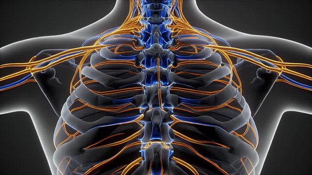 Detailed 3D rendering of the human central and peripheral nervous system, showcasing complex neural pathways, spinal cord, and skeletal torso for biological study and medical education